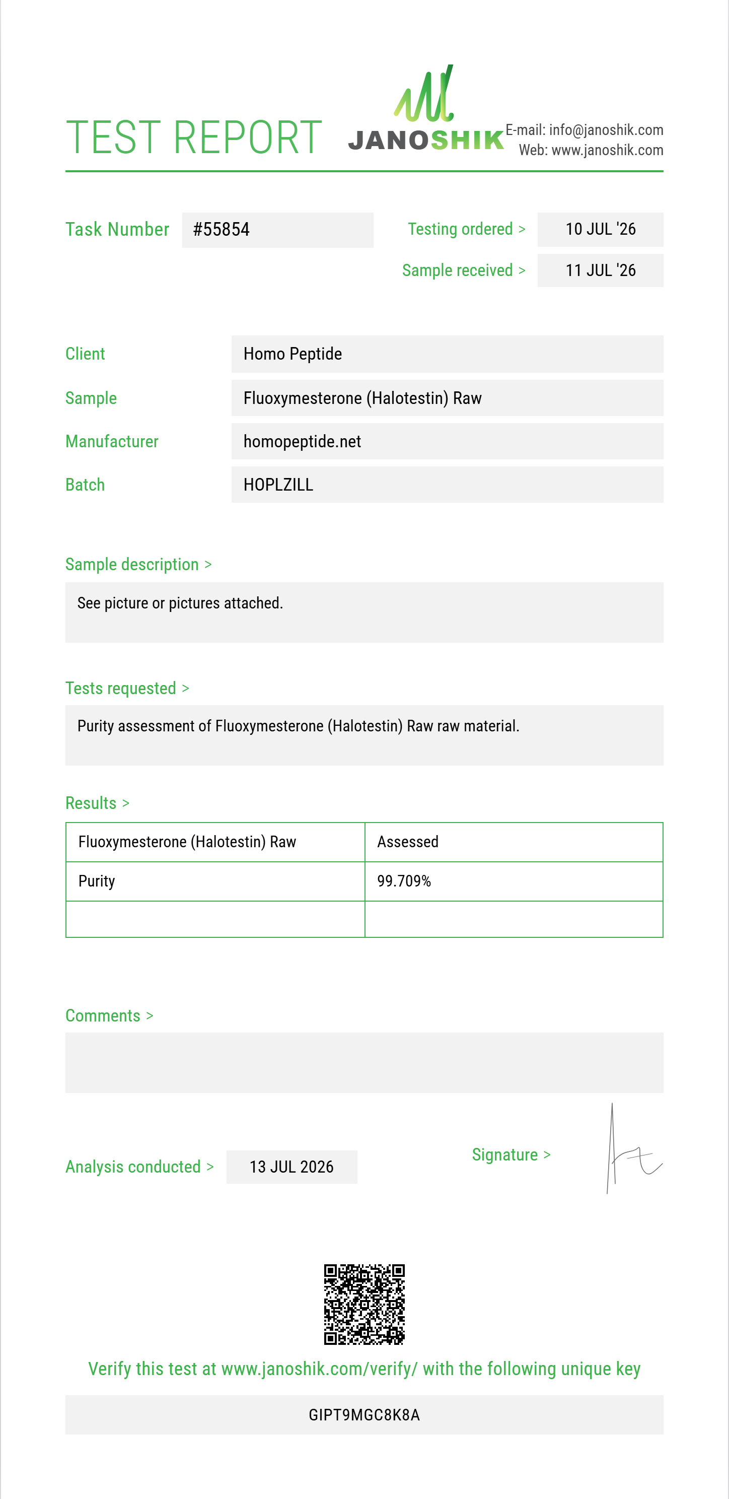 Fluoxymesterone (Halotestin) Raw Purity Test Report by Medutest