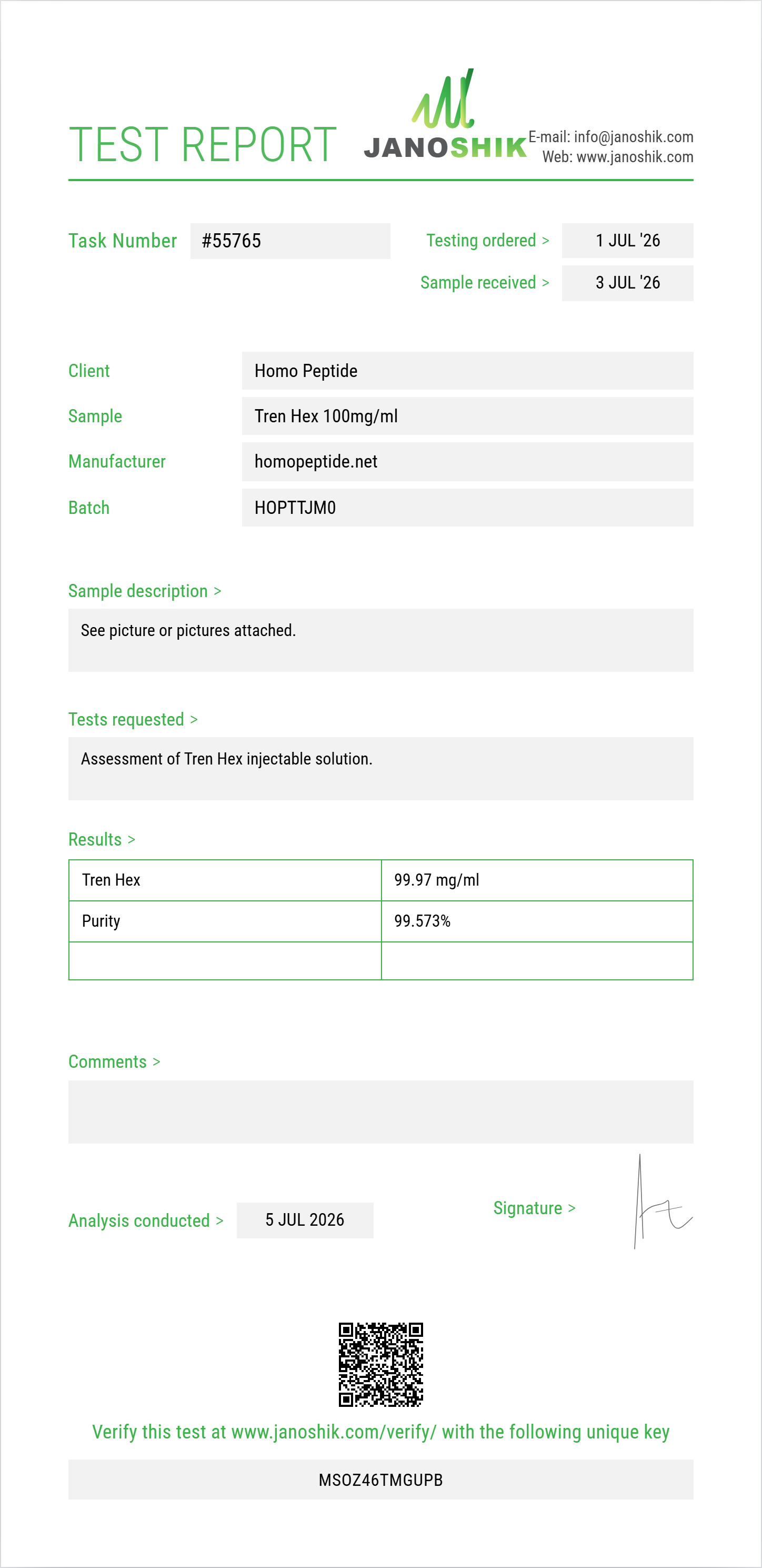 Tren Hex Purity Test Report by Medutest
