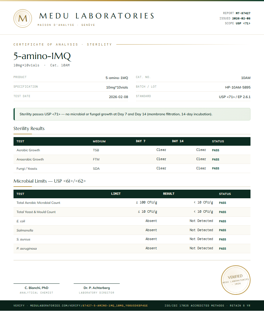 5-amino-1MQ Sterility report by Medutest